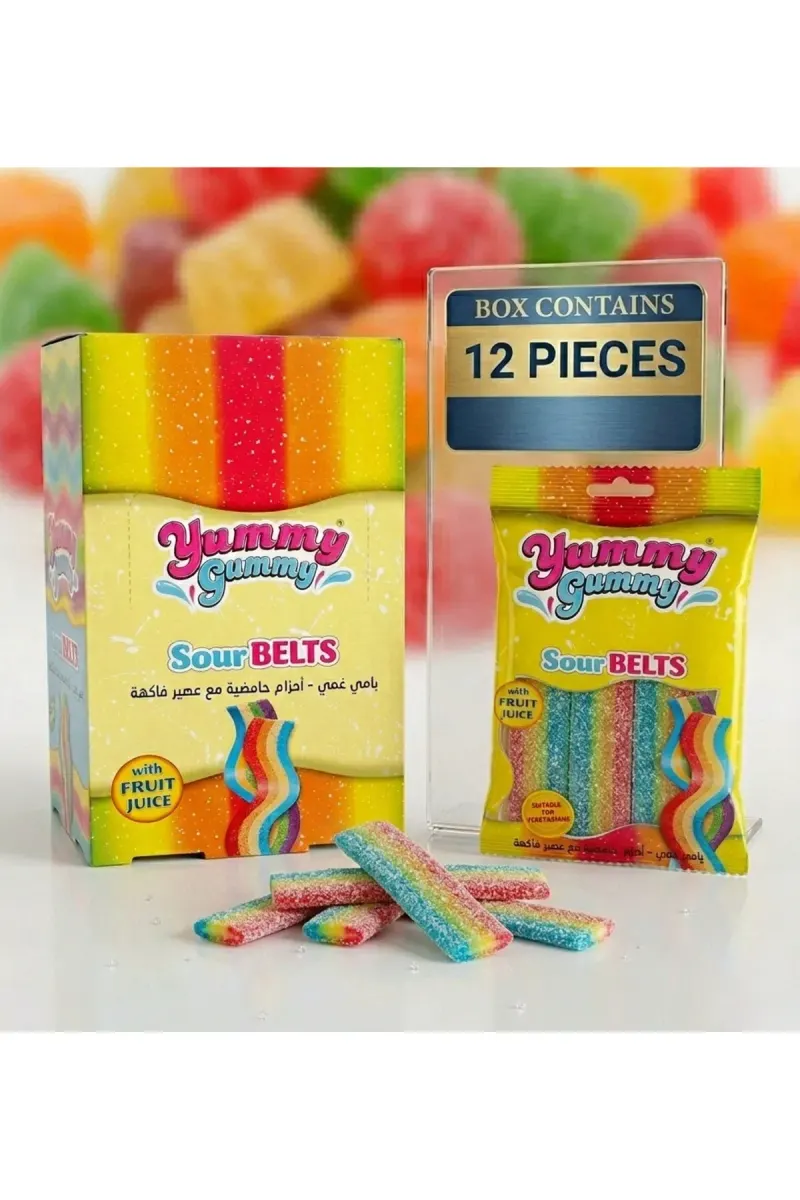 Yummy Gummy Sour Belts - Fruit Flavored Soft Candies X12 pieces