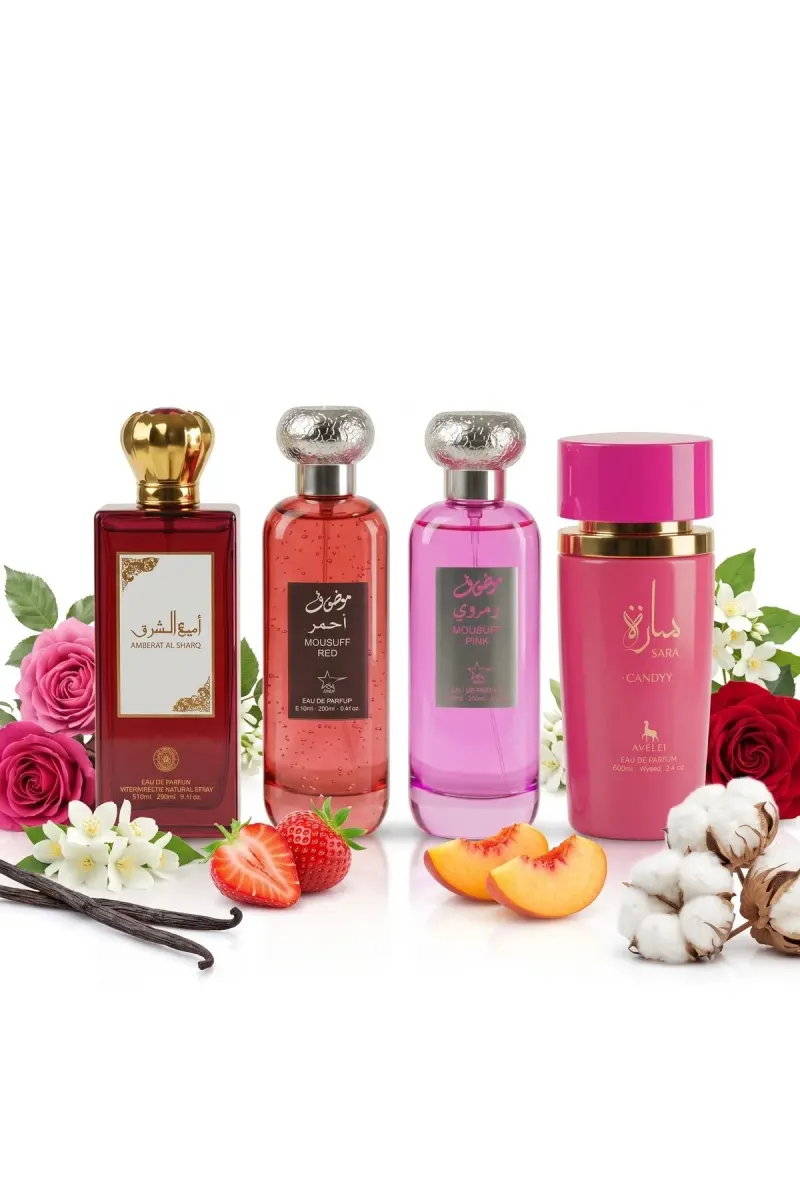 Set of 4 Arabic Women's Perfumes 100ML - Ameerat Al Sharq + Mousuff Red + Mousuff Pink + Sara Candy