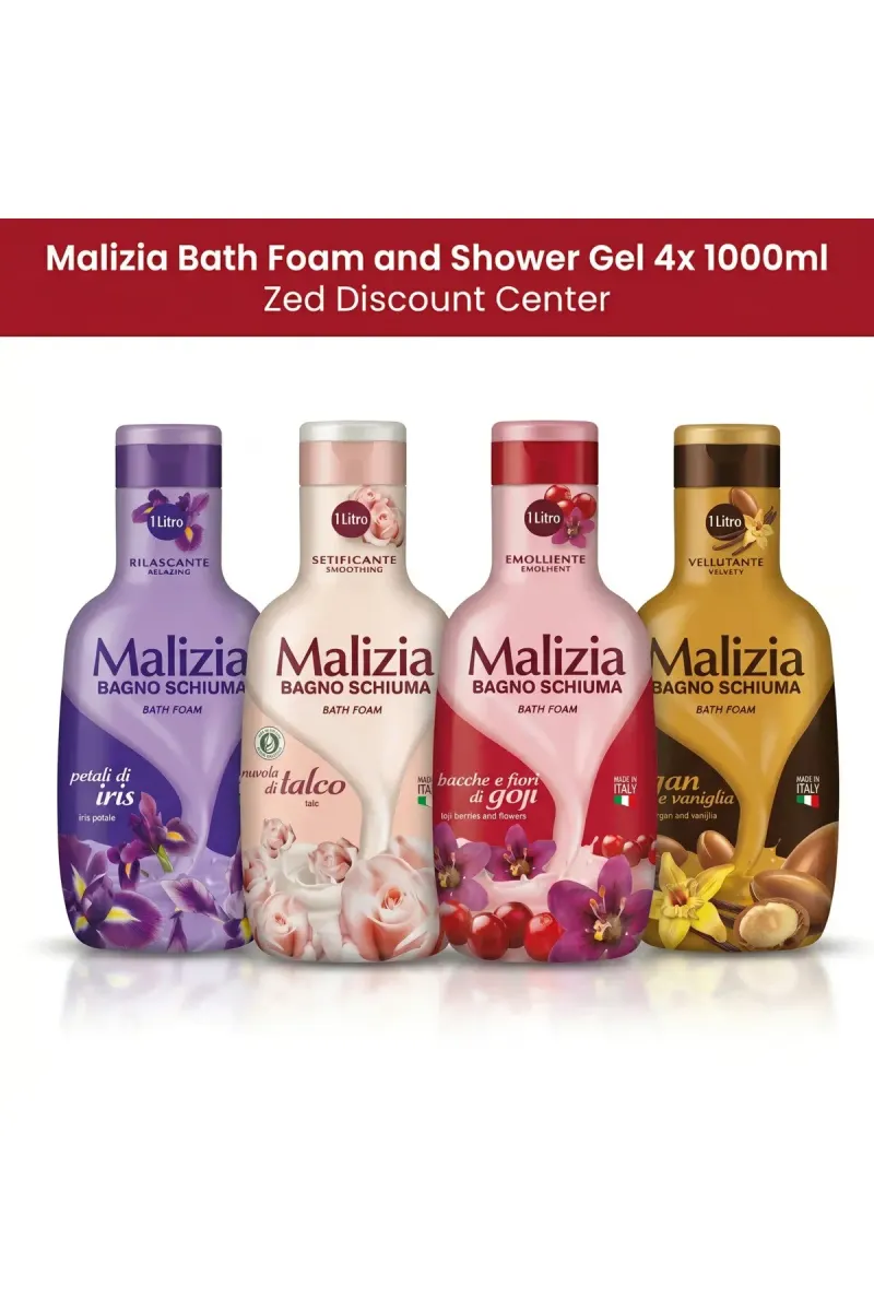 Bath Foam and Shower Gel 4x 1000ml - Argan and Vanilla + Goji Berries and Flowers + Talcum powder + Iris Petals