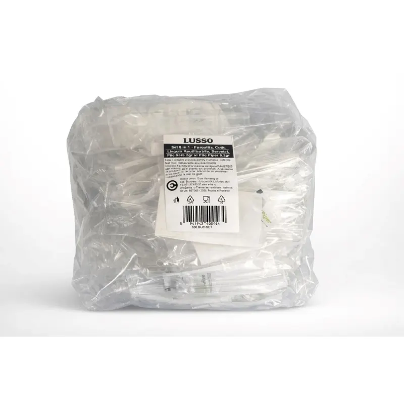 LUSSO Set Tacamuri Reutalizabile Furculita + Cutit +Lingura + Servetel +Sare/Piper 100 bucati