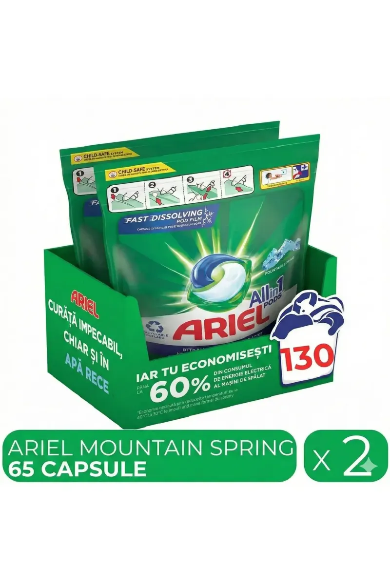 All In One Mountain Spring, Automatic Laundry Detergent, 2 Packs X 65 Capsules, 130 Washes.