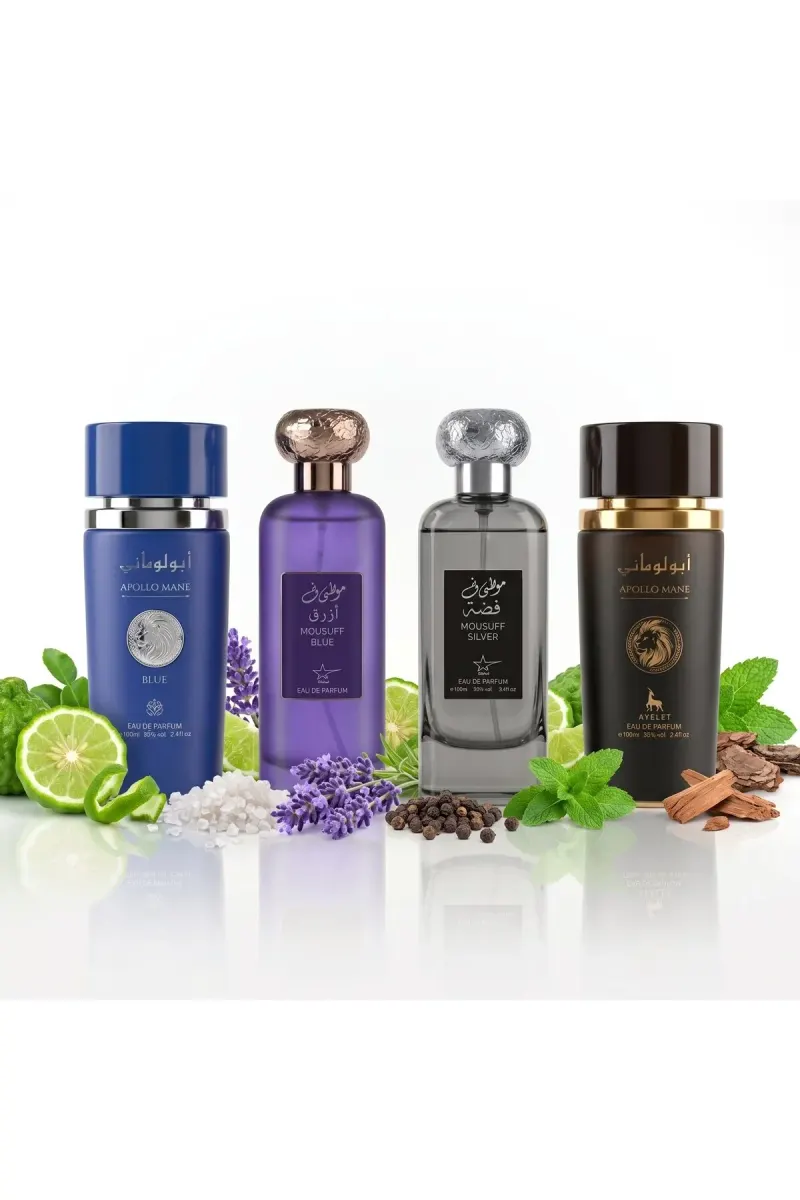 Set of 4 Oriental Men's Perfumes 100ML - Apollo Blue + Mousuff Blue + Mousuff Silver + Apollo Black