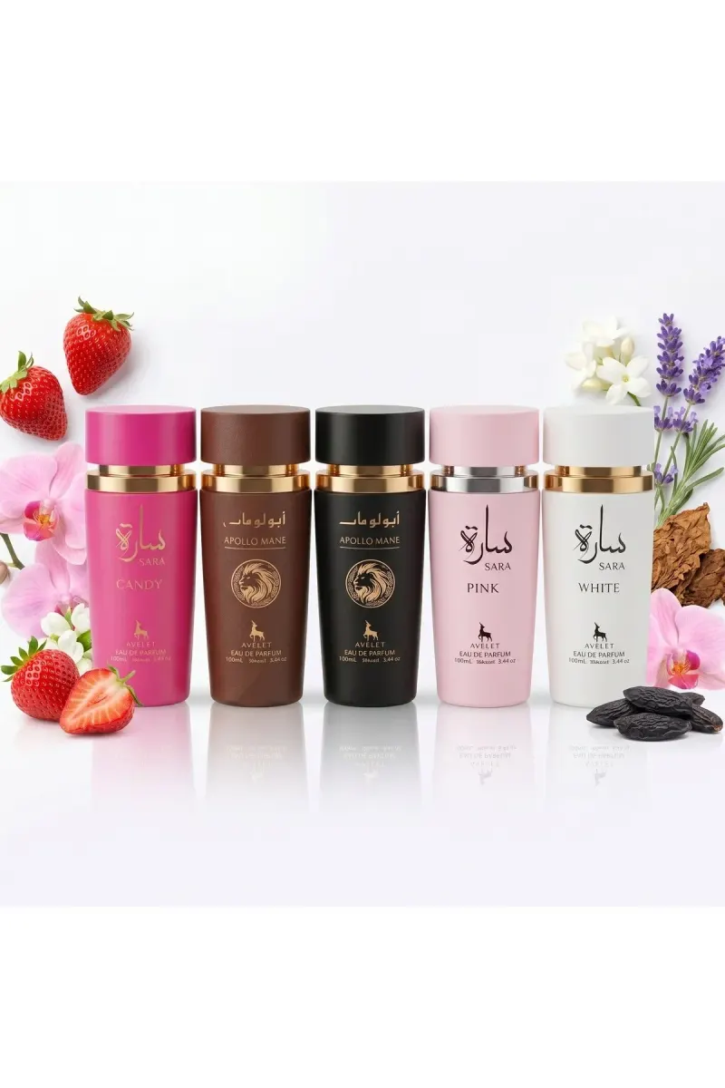 Set of 5 Oriental Perfumes 100ML (3xWoman + 2xMan) - Sara Candy + Apollo Mane Brown + Apollo Mane Black + Sara Pink + Sara White