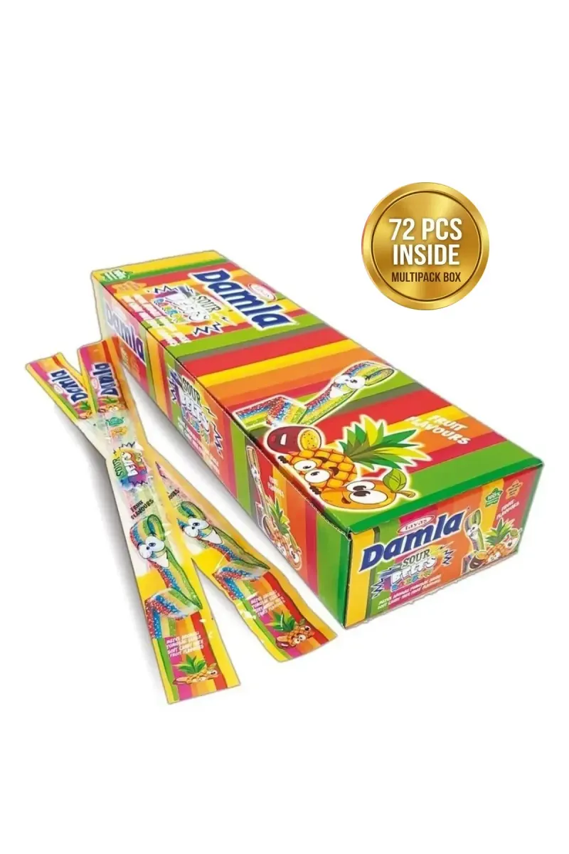 Damla Sour Belts Licorice Rainbow Cardboard Box 15g x 72 Pieces