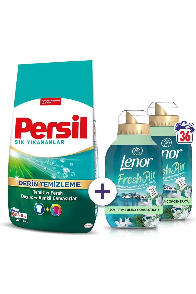 Family Saver Pack: Powder 9kg + Lenor Fresh Air Northern Solstice Softener 36 washes, 2x0.5L