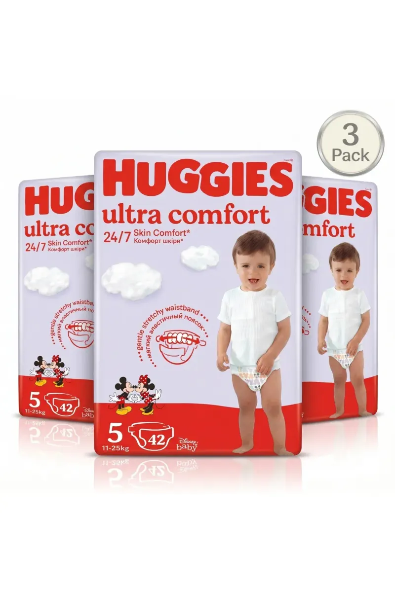 Ultra Comfort Diapers Size 5 (11–25 kg) – 3 Pack (3 x 42 Count) – 24h Skin Comfort, Soft & Breathable