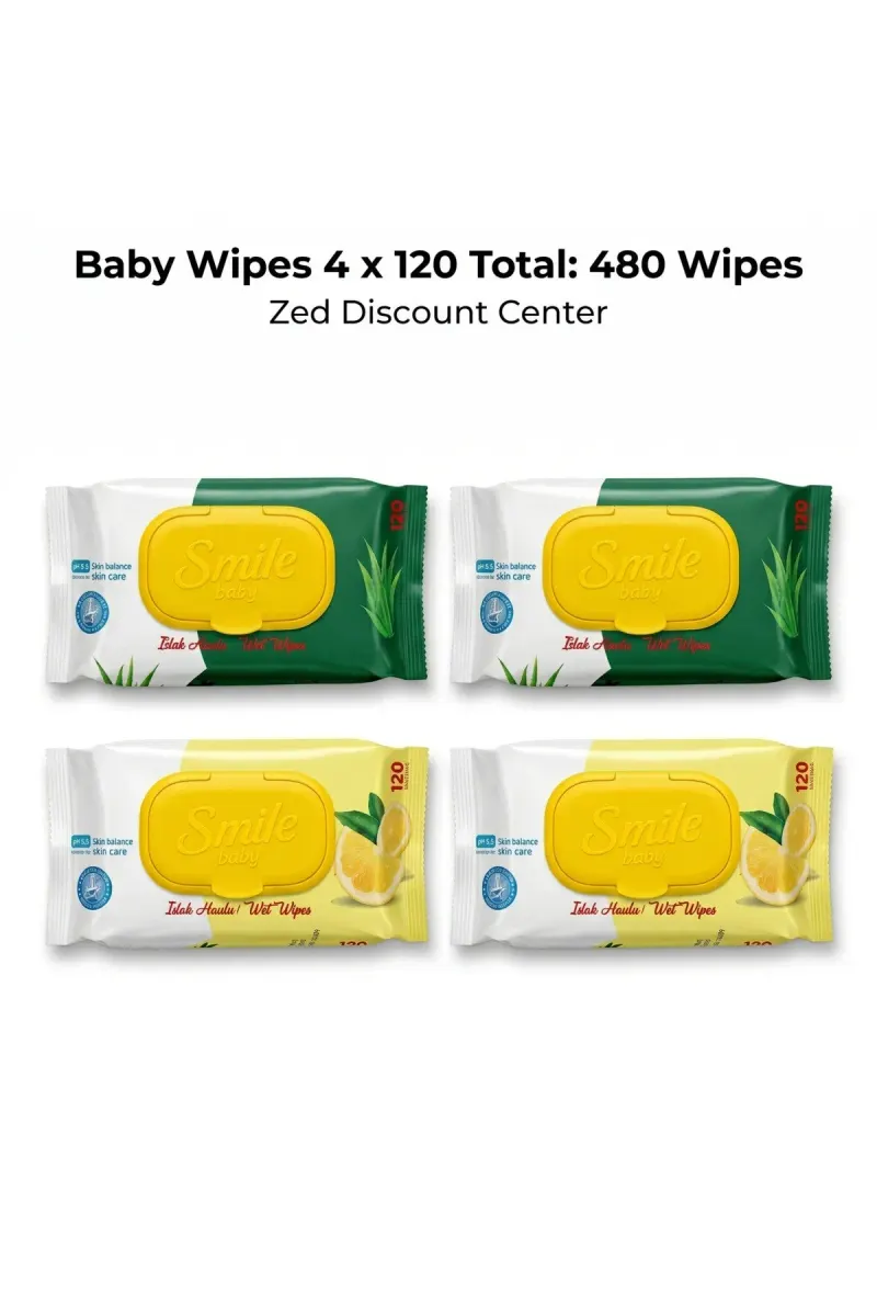 Baby Wet Wipes (4 x 120 : Total 480 Wipes) - 2 pack aloe vera - 2 pack lemon
