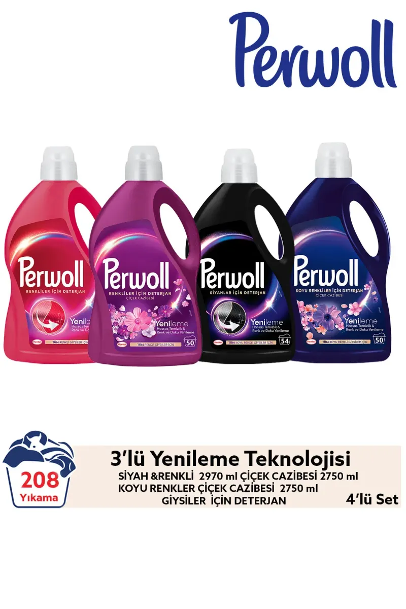 Laundry Detergent 4-pack set: (208 washes) 2.97 L Black & Colors, 2.75 L Flower Charm Color & Dark