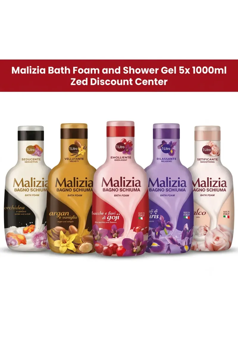 Bath Foam and Shower Gel 5x 1000ml - Orchidea and Amber + Argan and Vanilla + Goji Berries and Flowers + Talcum Powder + Iris Petals