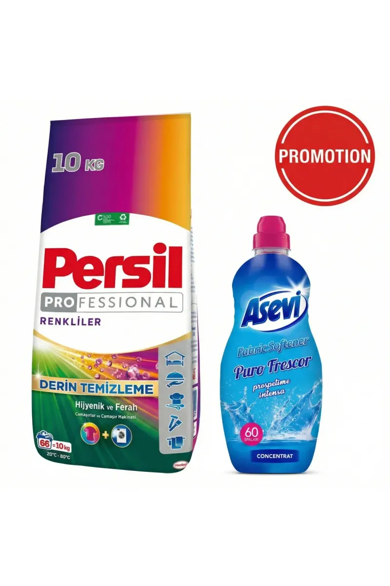 Promotional Set: Professional 10 kg detergent colored - Asevi Intensive Fabric Softener 1.44L
