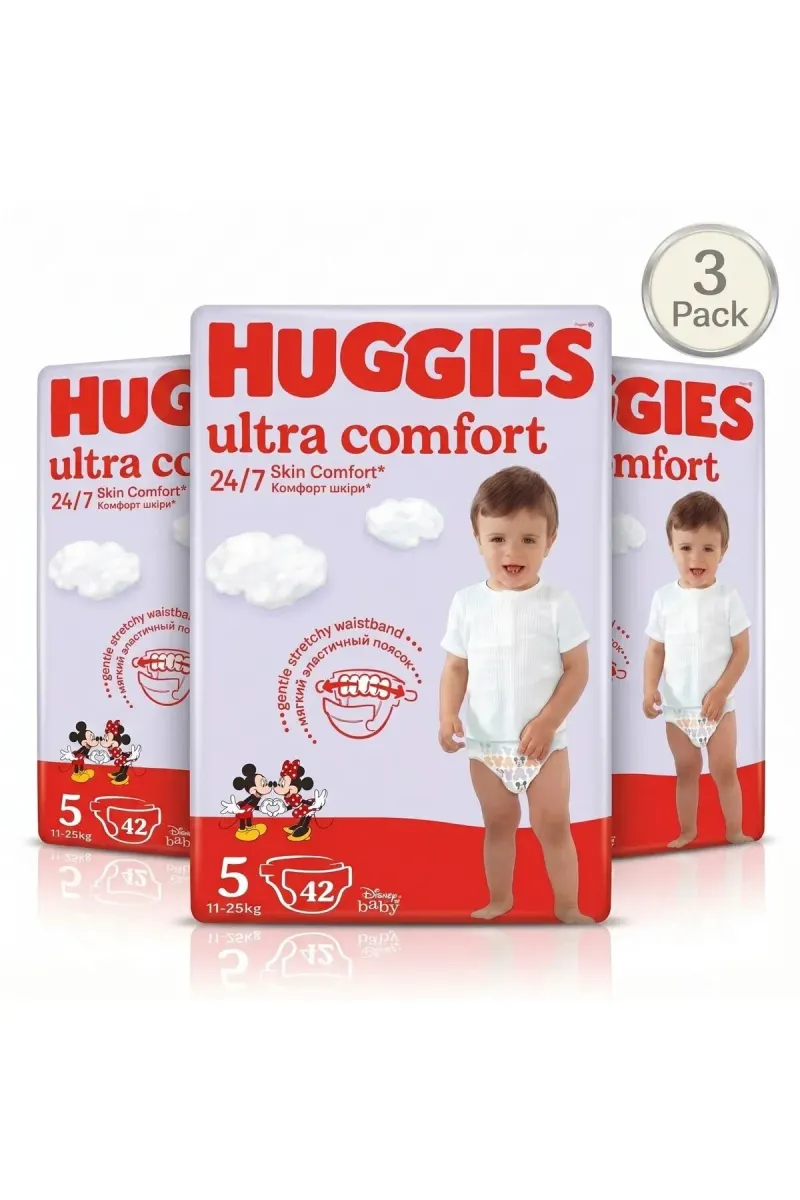 Ultra Comfort Diapers Size 5 (11–25 kg) – 3 Pack (3 x 42 Count) – 24h Skin Comfort, Soft & Breathable