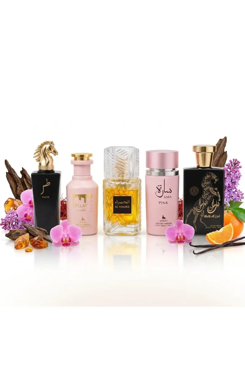 Set of 5 Oriental Perfumes (3xMan + 2xWoman) 100ML - Tahir + Eclat + Al Hamra + Sara Pink + Malik Al Lail