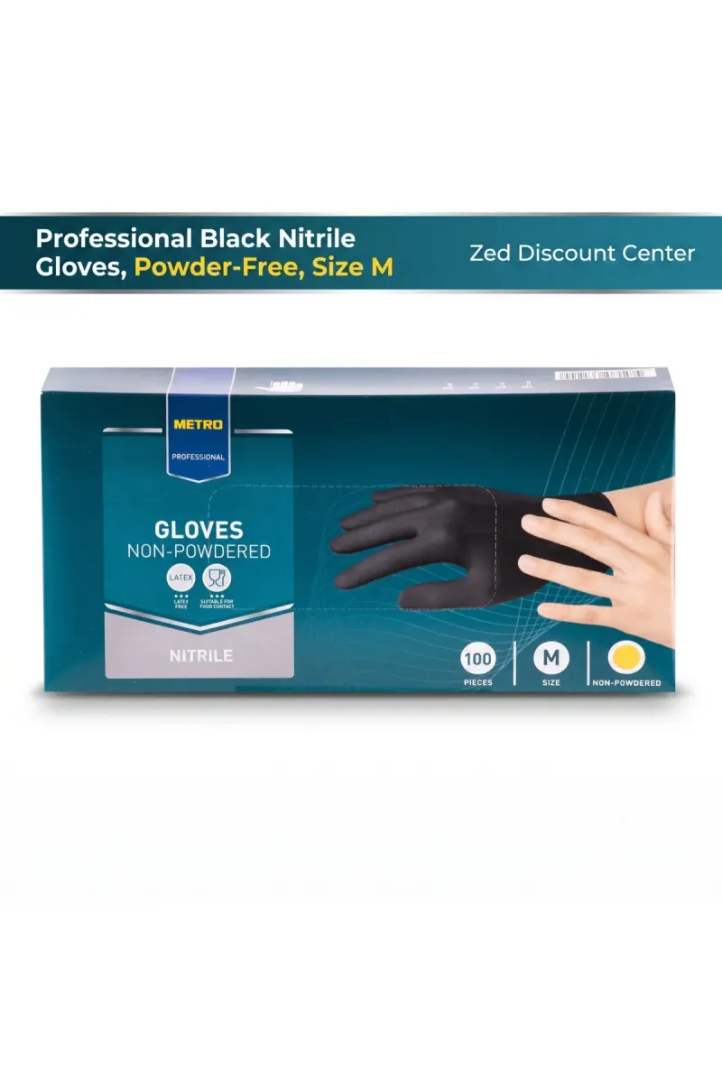 Professional Black Nitrile Gloves, Powder-Free, Size M - 100 pieces