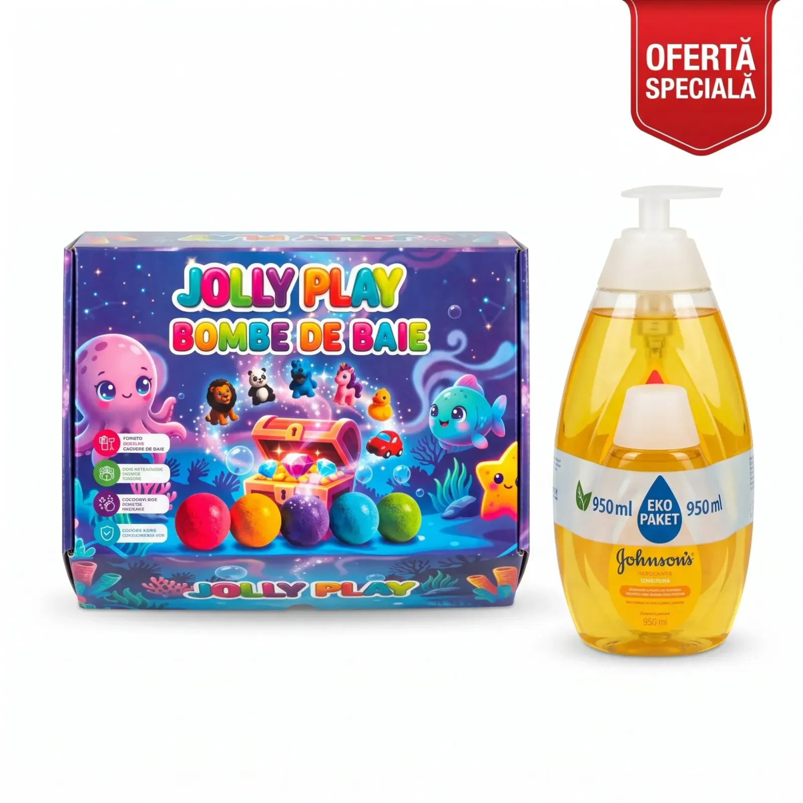 Johnson's Baby Shampoo 950ml Value Pack & Jolly Play Kids Bath Bomb Set