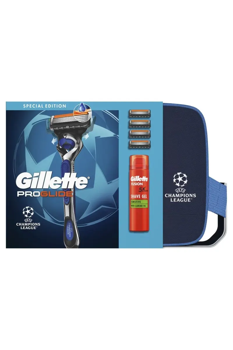 ProGlide UEFA Champions League razor + 4 refills + Fusion shaving gel + travel kit