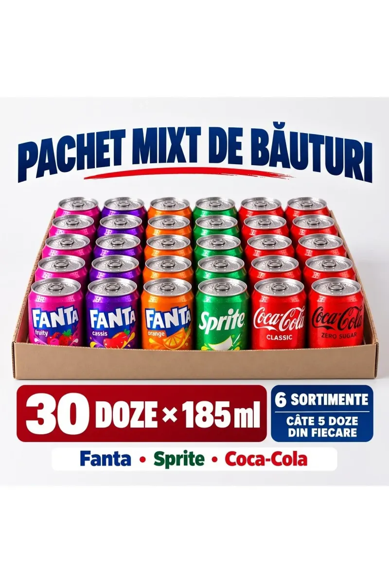 Mixed Soft Drinks Pack 30 Cans x 185 ml - Coca-Cola, Zero, Fanta Orange, Fanta Cassis, Fanta Fruity, Sprite