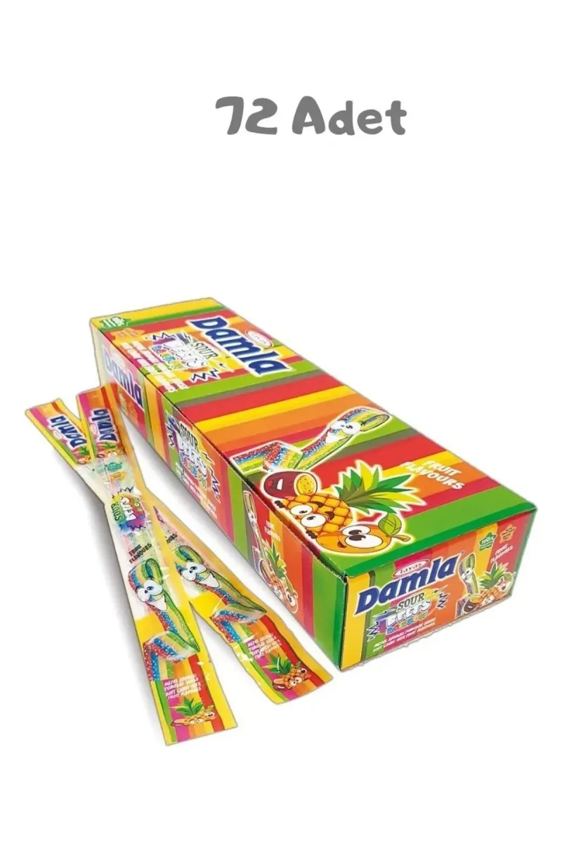 Damla Sour Belts Licorice Rainbow Cardboard Box 15g x 72 Pieces