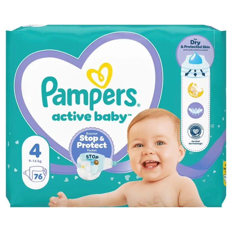 Pampers active baby Scutece Marimea 4 9-14 Kg 76 bucati