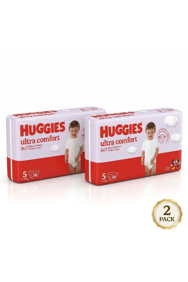Ultra Comfort Diapers Size 5 (11–25 kg) – 2 Pack (2 x 58 Count) – 24h Skin Comfort, Soft & Breathable