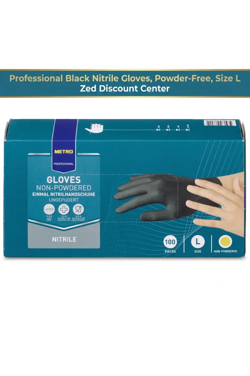 Professional Black Nitrile Gloves, Powder-Free, Size L - 100 pieces