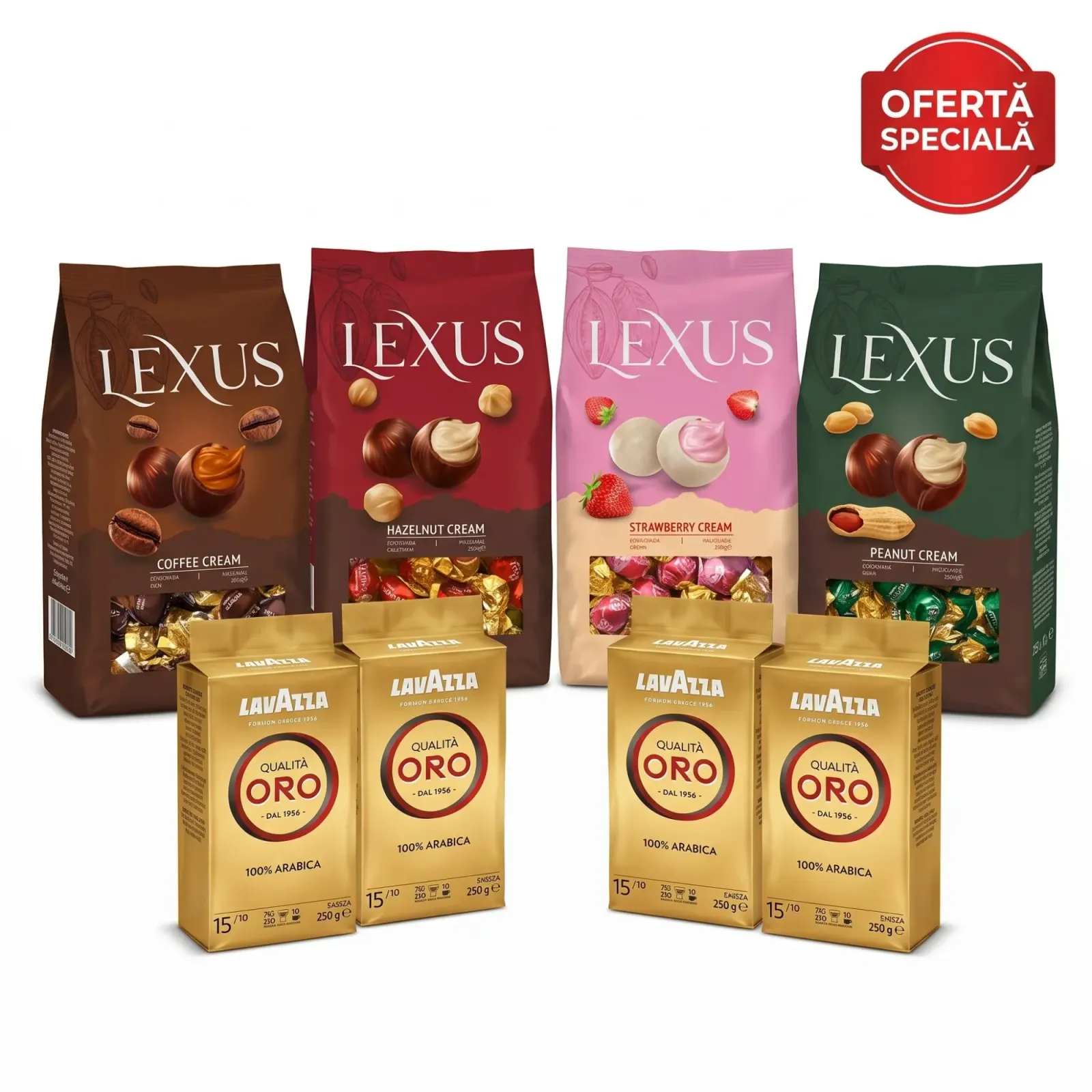 Lavazza Qualità Oro Coffee 4-Pack (4x250g) & Lexus Pralines Bundle (4x1Kg)