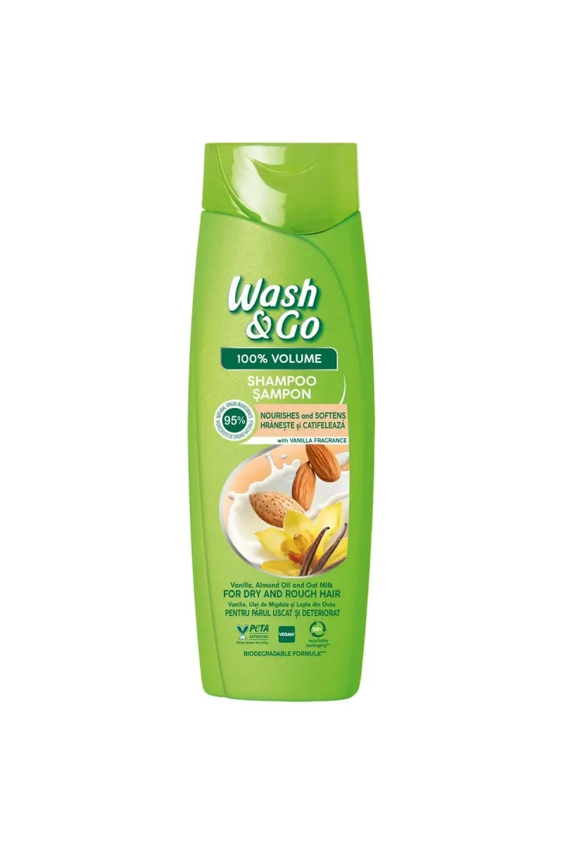 Wash & Go Shampoo with Vanilla and Almond Oil for Dry and Damaged Hair, 360 ml