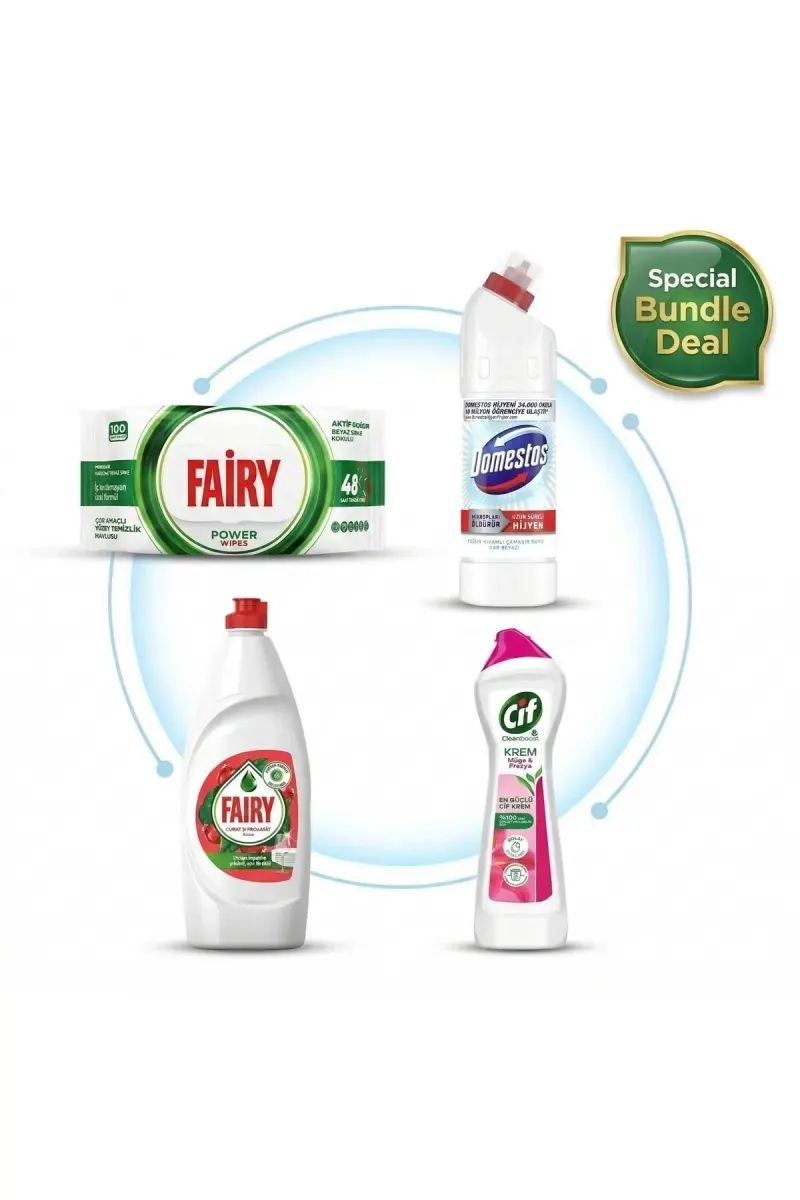 Bleach Snow White + Fairy Surface Cleaning Wipes + Liquid Dishwashing Detergent + Cif Cream Cleaner