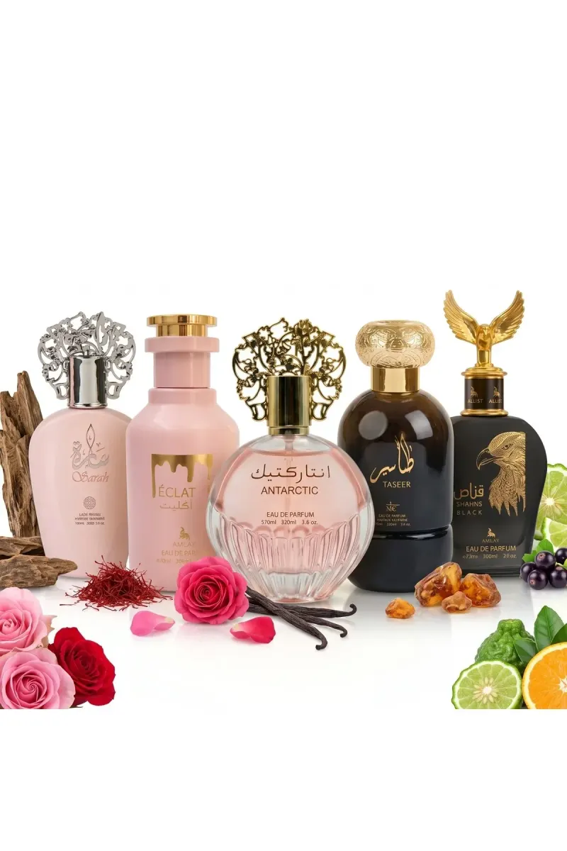 Set of 5 Oriental Perfumes (3xMan + 2xWoman) - Taseer + Sarah + Eclat + Antarctic Pink + Qannas Black