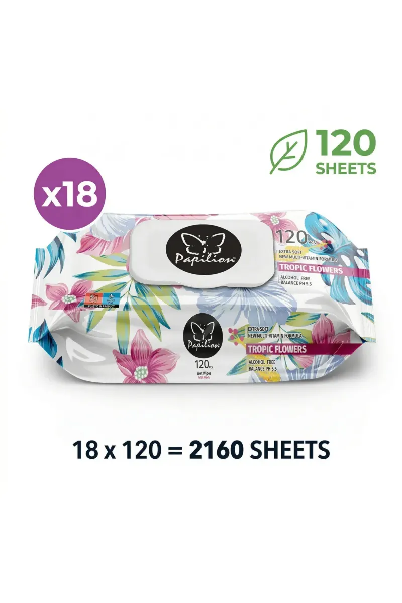Wet Wipes 18-Pack Bulk (2.160 Sheets) Tropic Flowers Alcohol-Free