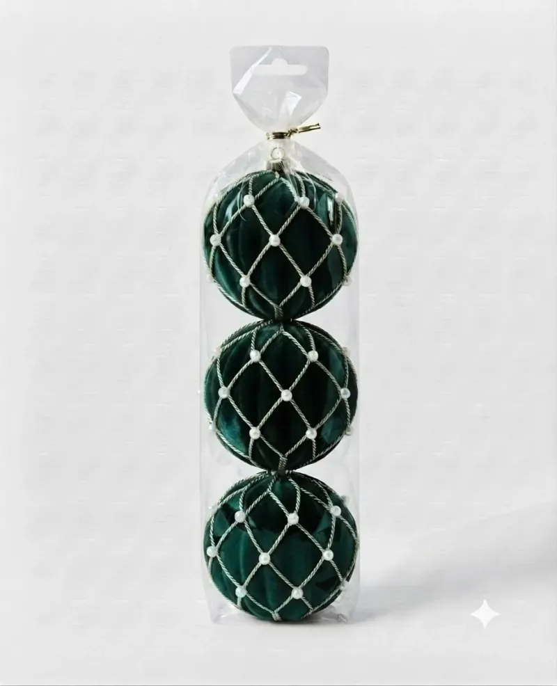 Set 3 Globuri Catifea Verde cu Decor Pietricele 8 cm
