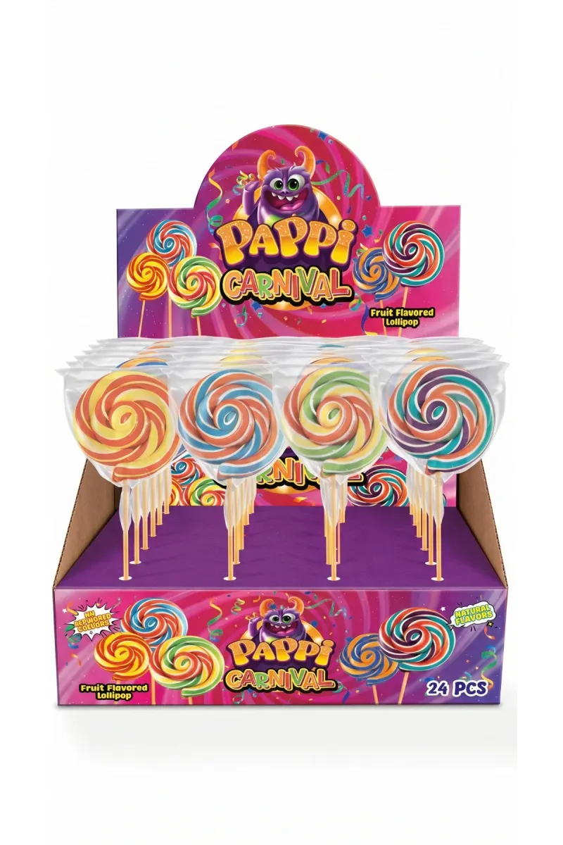 Carnival Fruit Flavored Rainbow Lollipops – 24-Pack with Stand (24 x 30g)