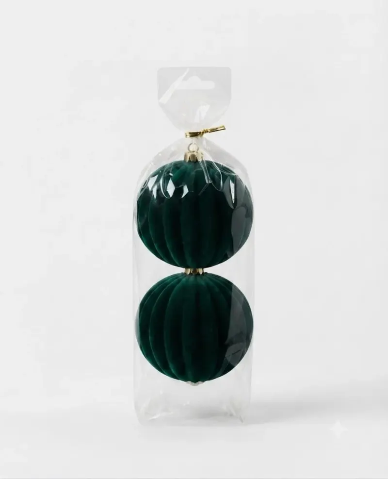 Set 2 Globuri Catifea Verde cu Decor 10 cm
