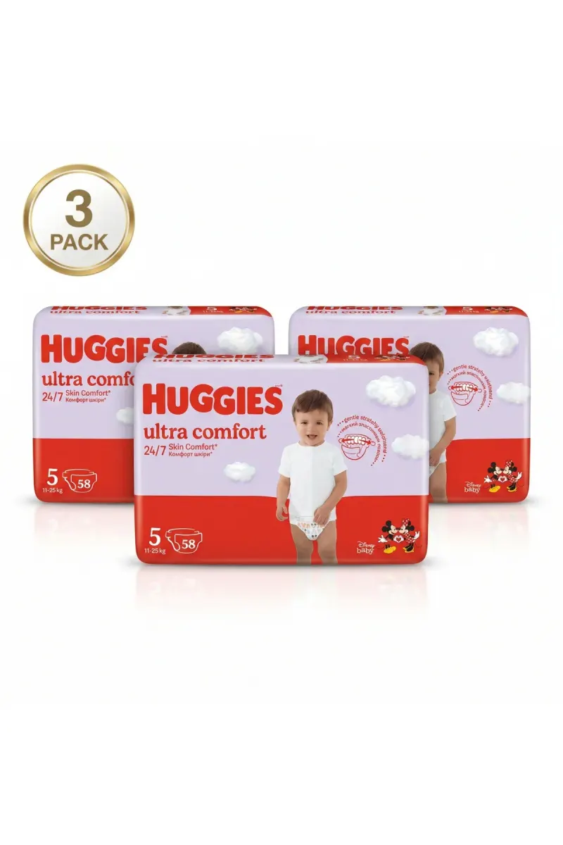 Ultra Comfort Diapers Size 5 (11–25 kg) – 3 Pack (3 x 58 Count) – 24h Skin Comfort, Soft & Breathable