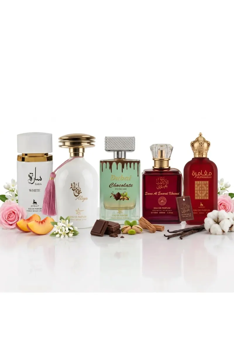 Set of 5 Oriental Women Perfumes 100ML - Sara White + Aliya + Dubai Chocolate + Sama Emarat Khususi + Mufamarah