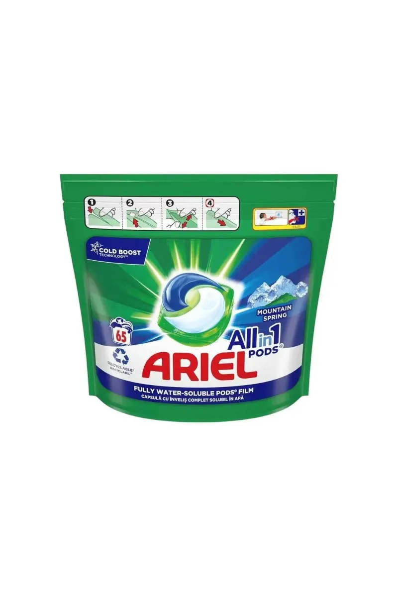 Detergent de rufe capsule Ariel All in One PODS Mountain Spring, 65 spalari