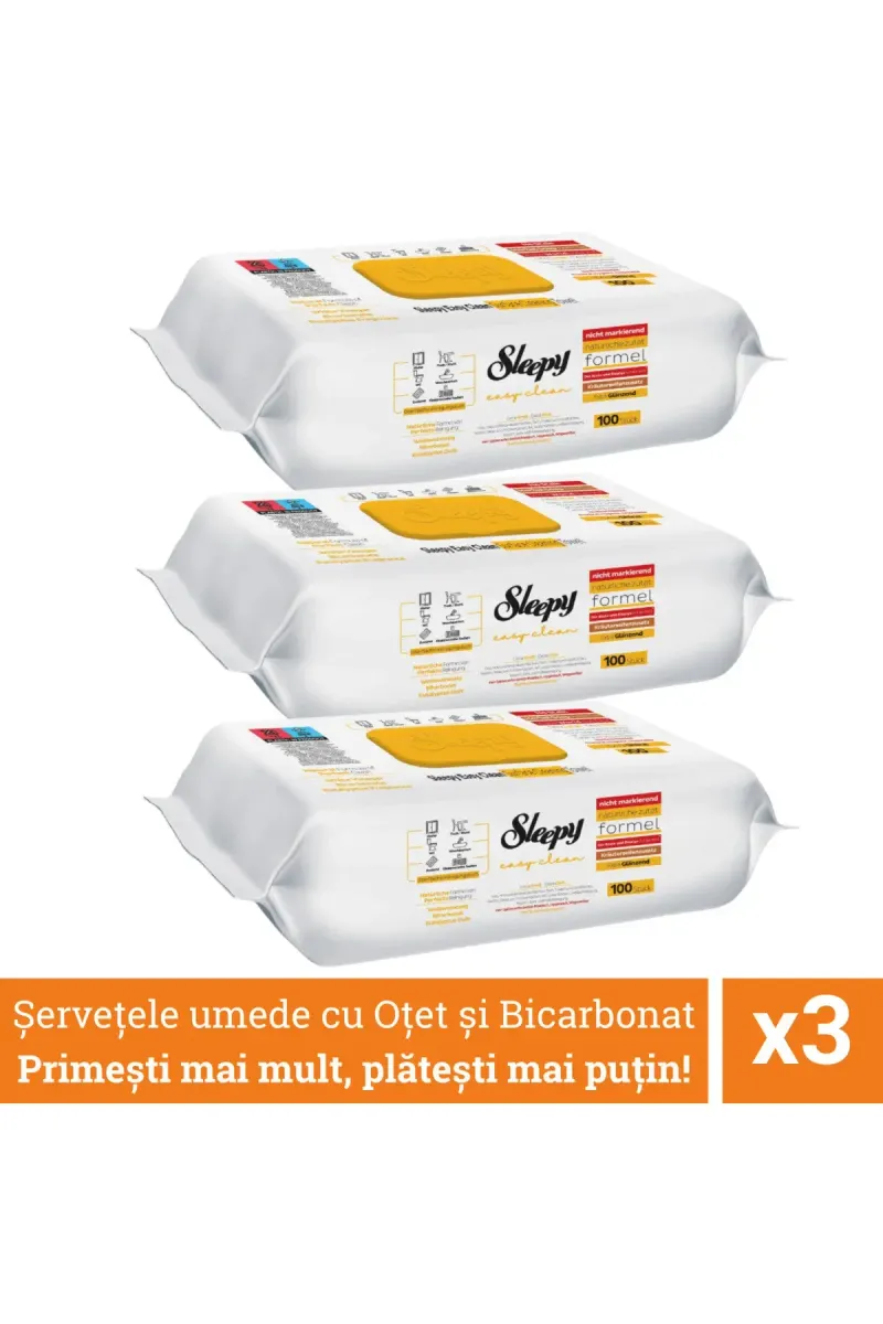 Promo Pack 3 X 100 Pcs Easy Clean Multi-Surface Wet Wipes, Vinegar And Bicarbonate